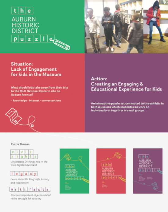 During Phase Four, we found our project. We were visiting at a time in which ten school buses lined up around Auburn Avenue. With the King Center and being a historical district, Auburn Avenue was one of the most common visits for elementary and middle schools. We took note of the lack of engagement of the students, and decided to design something that would create a more interactive visit for the students and teachers.